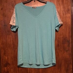 Women's Light Aqua V-Neck Tee with Lace Short Sleeves